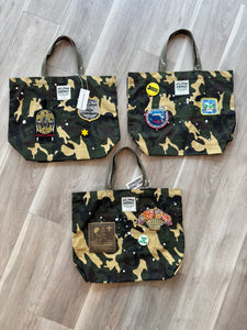 Custom camo patched tote bags