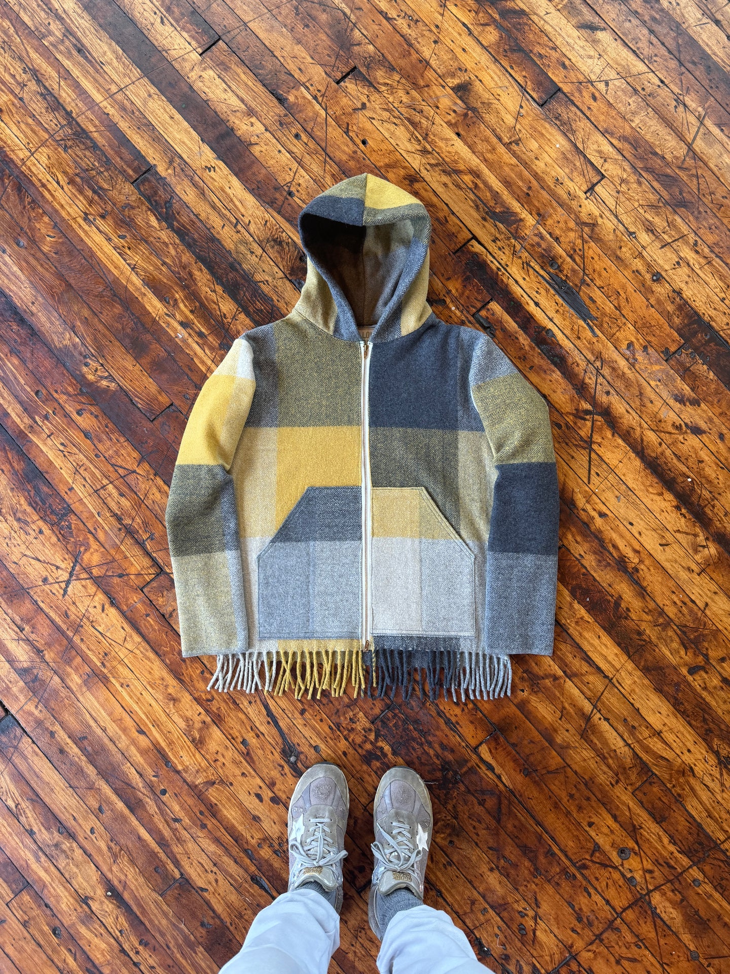 Wool fringe bottom zip hoodie (yellow/grey) 1 of 1