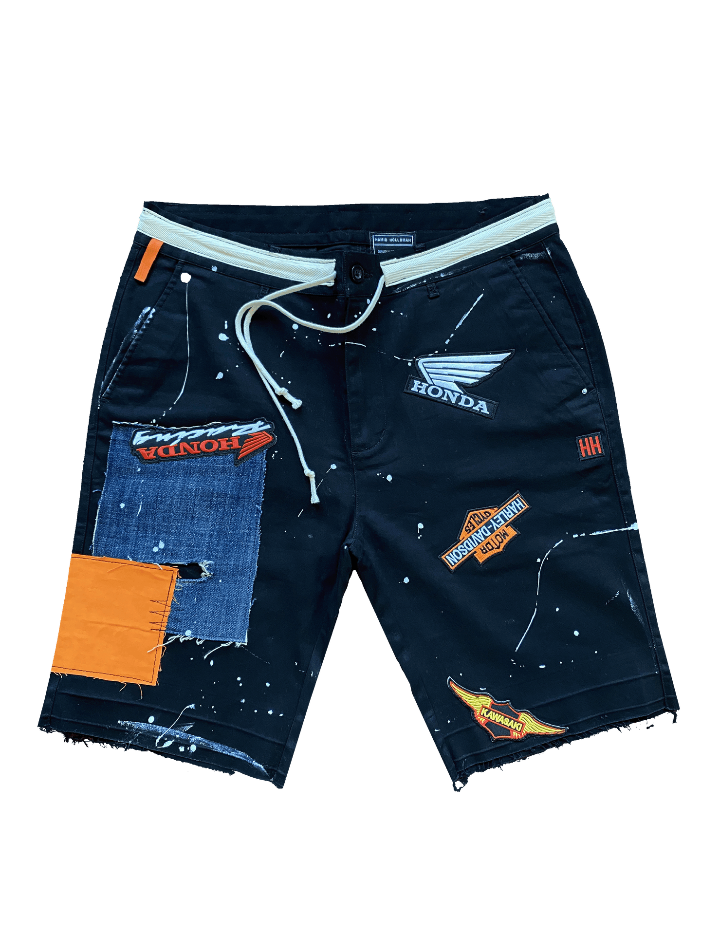 Random racing patch raw edge shorts
